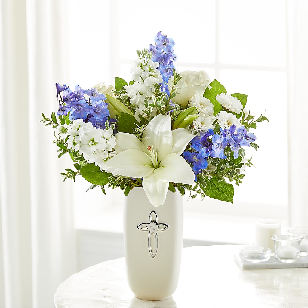 Heavenly Blossoms Bouquet – blue, white flower arrangement