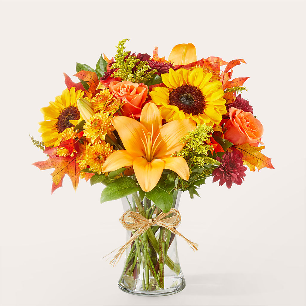 Sunny Side Bouquet – burgundy, butterscotch, orange, yellow flower