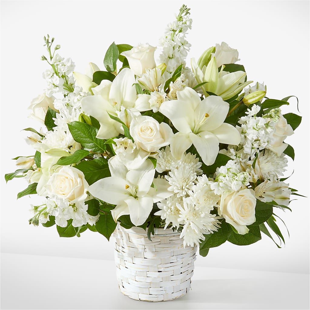 peaceful white lilies basket Peaceful Reflections Arrangement – white flower arrangement | Cincinnati, OH