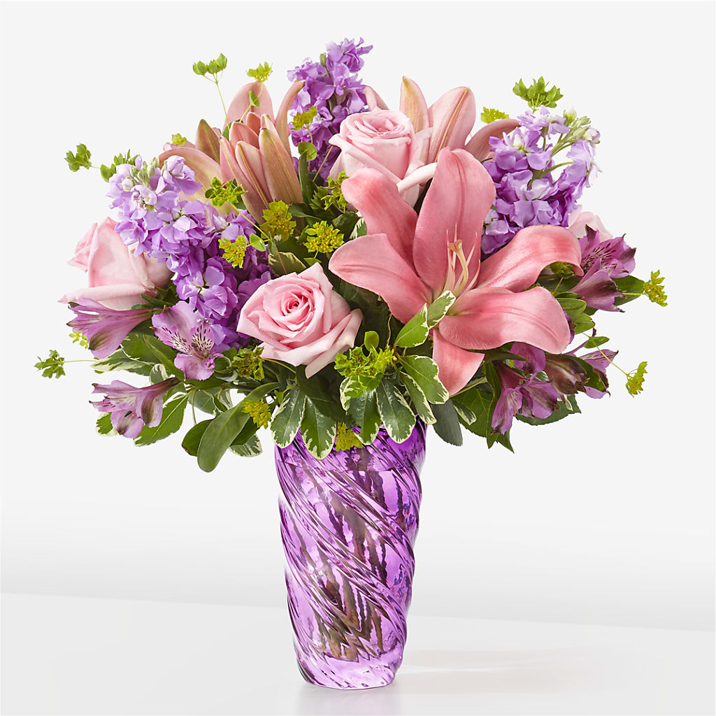Precious Petals Bouquet with Luxe Swirl Vase – pink, purple flower